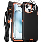 COLDNICE for iPhone 15 Case 6.1" Belt Clip Kickstand with 2 Screen Protector & 2 Camera Lens Protector, Full Body Protection Heavy Duty Case Cover (Black Orange+Clip)