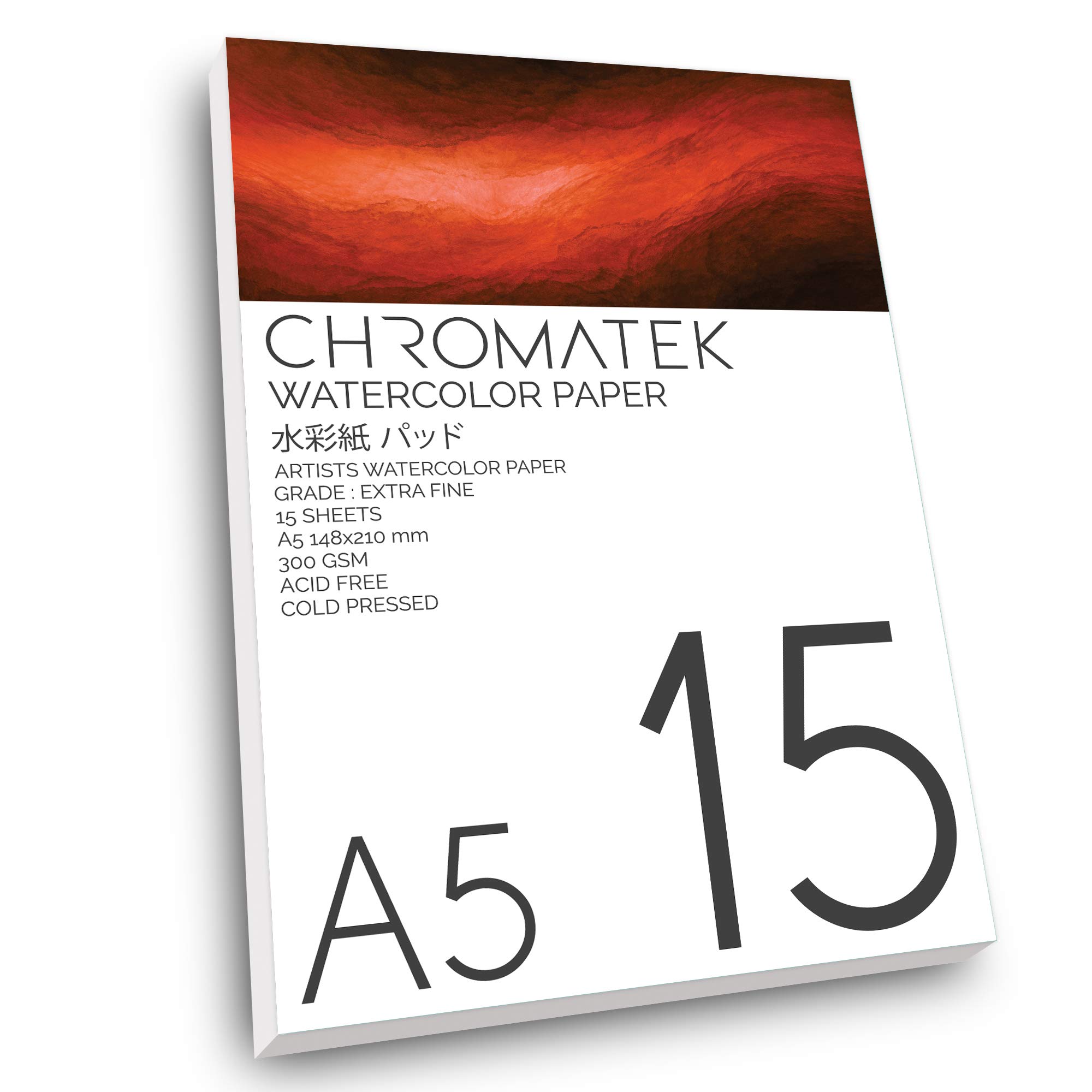 A5 Extra Fine Grade Watercolor Pad, 15 Sheets, 300 GSM, Cold Pressed, Acid Free, Professional Paper Designed for Watercolor Paints and Watercolor Pens, by Chromatek