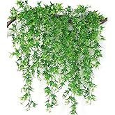 Artificial Hanging Vines, Fake Vine Plastic Plants Sweet Potato Leaves Ivy UV Resistant Greenery Décor Faux Flowers for Indoor Outdoor Garden Door Wall Wedding Party Table Decoration Green 4 Pack