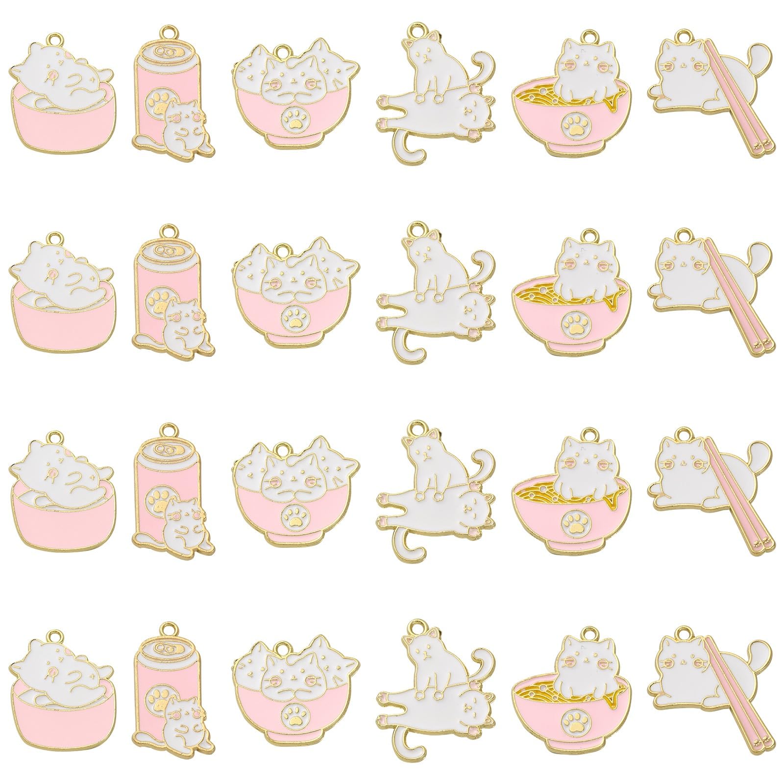 Stiesy 12 pcs 6 Styles Cat Charms Pendants Enamel Kitten Charms Cute Cat in Pink Bowl Dangle Charms for DIY Crafts Bracelet Jewelry Making