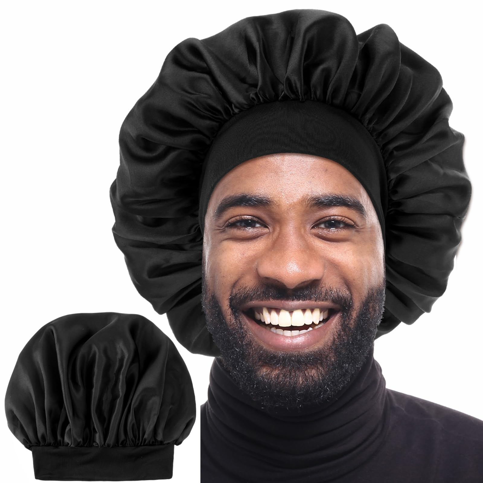 Dimeho Silk Bonnet for Men Hair Bonnet for Sleeping Satin Bonnets Adjustable Single Layer Silky Hair Wrap Reversible Sleep Cap Curly Braids Slouchy Beanie for Women (Black)