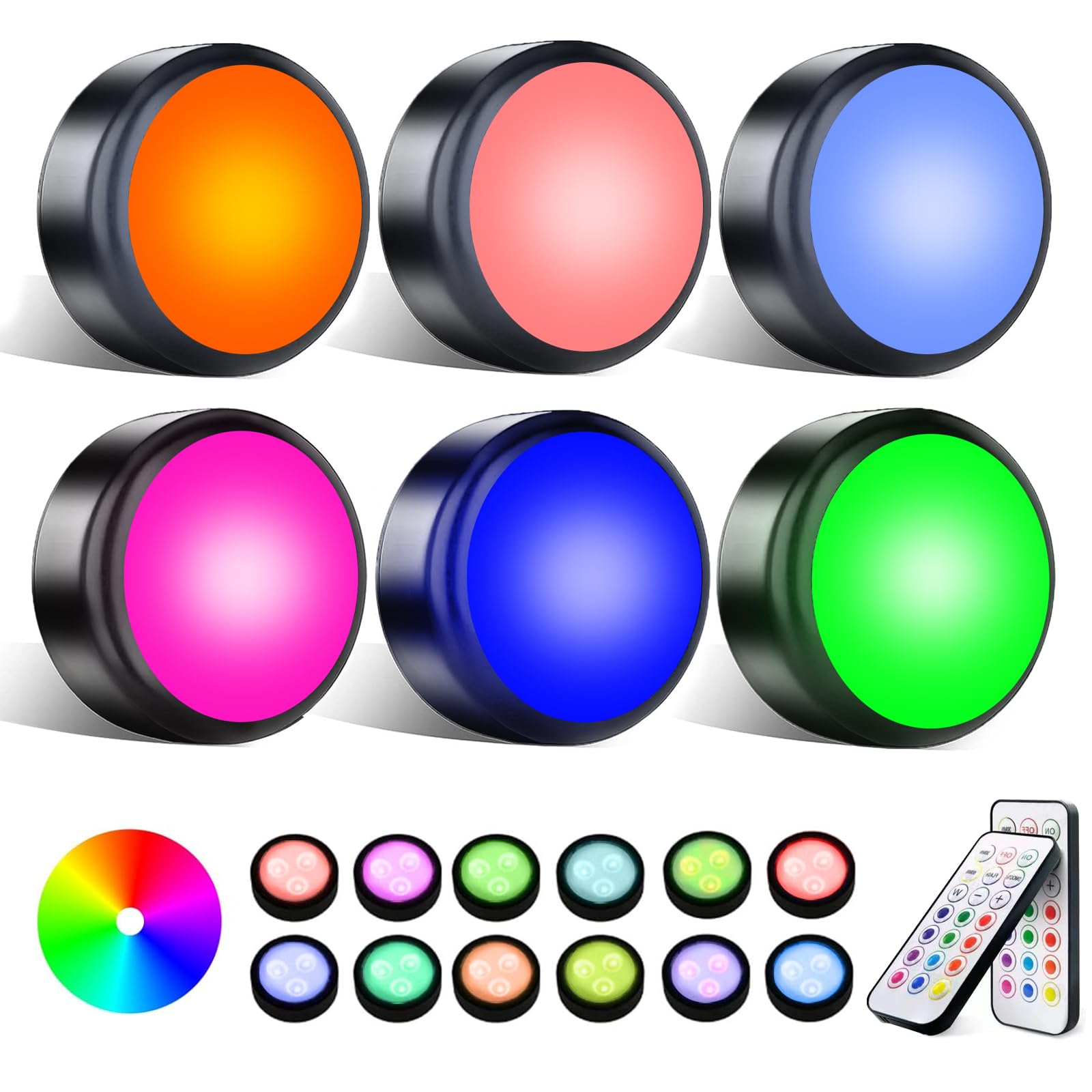 Photo 1 of **FOR PARTS ONLY/ MISSING ASSEMBLY PIECES** swesara Push Lights with Remote Puck Lighting Battery Operated Tap Lights Button Stick On Color Changing Led Lights 6 Pack (6P (Black-6Pack)