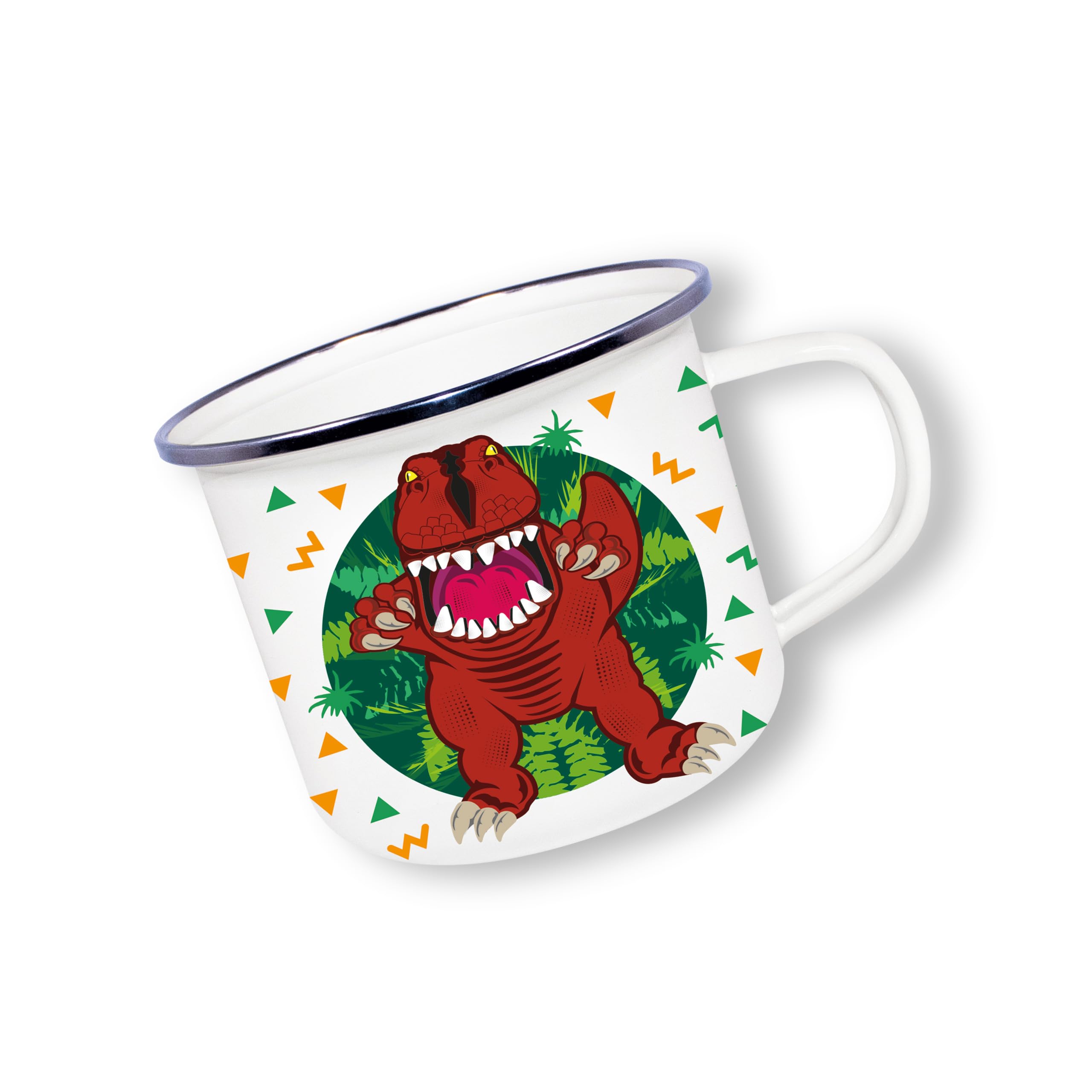 Deluxebase Anamelware T-Rex 375ml Enamel Mug with Novelty T-Rex Design, Dinosaur Themed Reusable Camping Mugs and Travel Coffee Cups for Hot and Cold Drinks for Hikers and Campers.