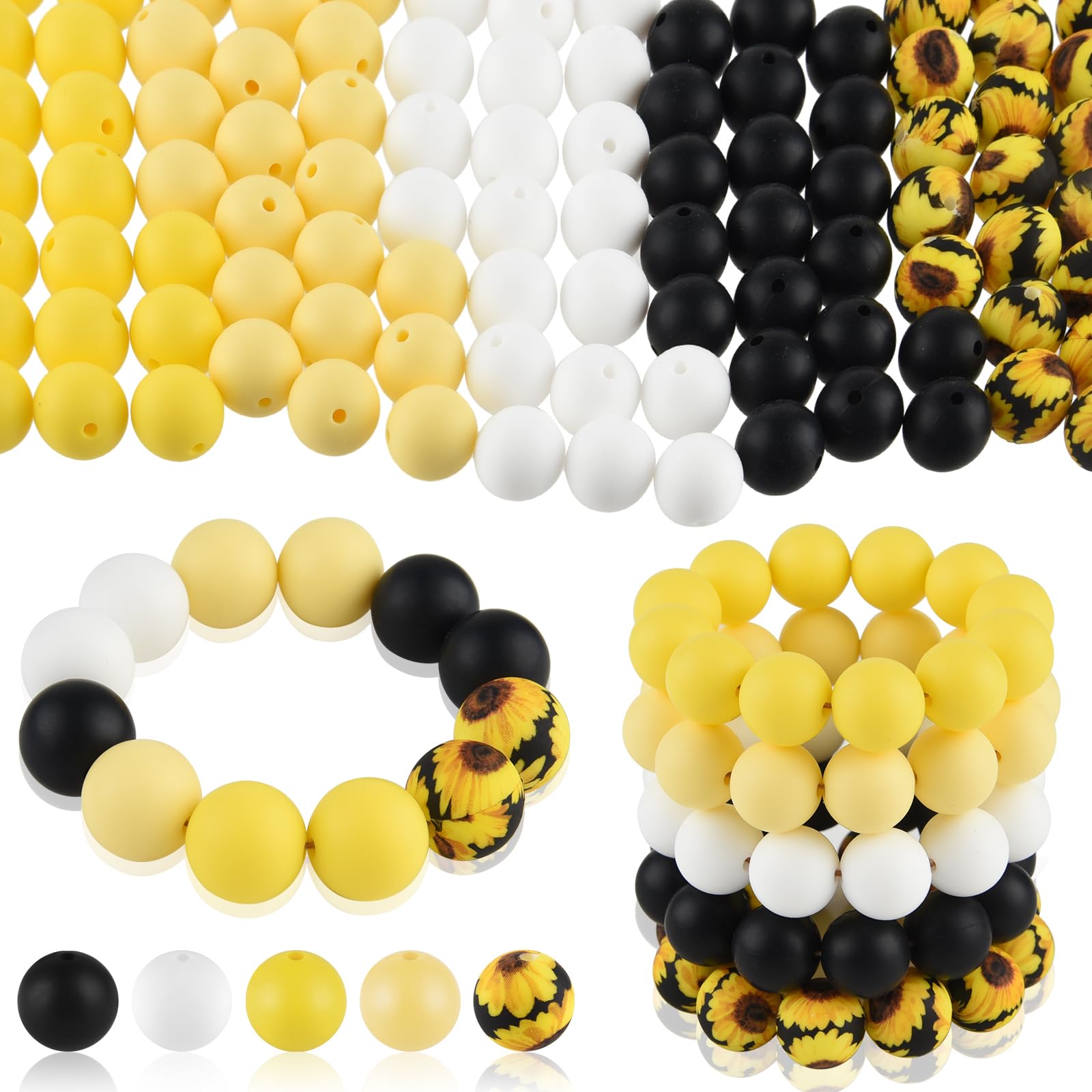ASTARON 100 Pcs 15mm Silicone Beads for Keychain Making, Yellow Black Round Beads for Bracelets Beadable Pens Decorations Crafts Making Party Favours Supplies