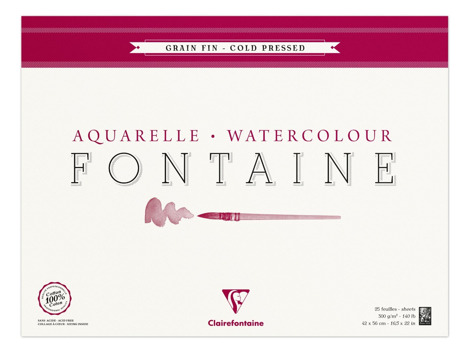 Clairefontaine - Ref 96417C - Fontaine Cold Pressed Watercolour Glued Pad (25 Sheets) - 42 x 56cm Size, 300gsm Paper - Suitable for Watercolour Artwork