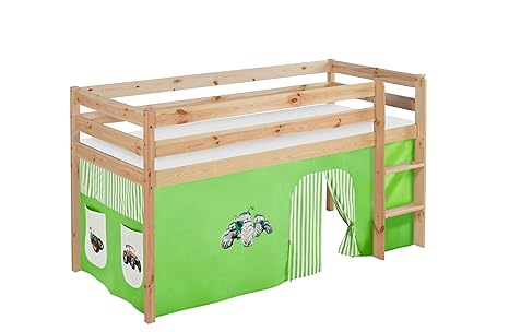 Lilokids Spielbett Jelle Trecker, Hochbett mit Vorhang Kinderbett, Holz, grün/beige, 208 x 98 x 113 cm