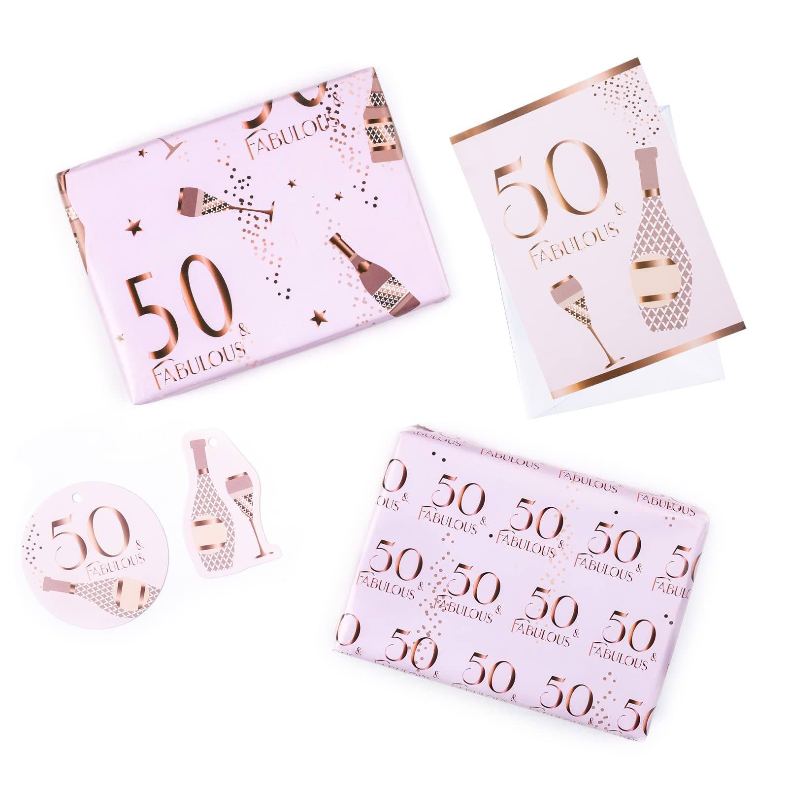 RUSPEPA Happy 50th Birthday Wrapping Paper Sheets Pink Design Including Greeting Card and Gift Tags for Birthday Wishes - 2 Fold Flat Sheets - 70cm x 1m per sheet