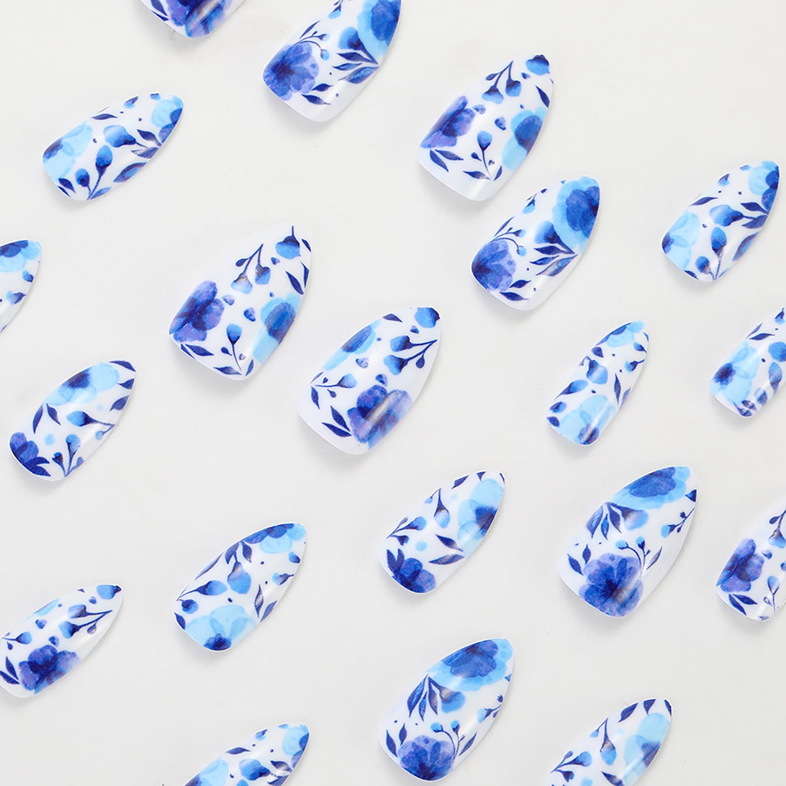 Rilafuvu Press on Nails Almond Fake Nails Short False Nail Blue and White Porcelain Acrylic Nails Full Cover Glue on Nails Glossy Stick on Nails Floral Acrylic Press on Nails Cute/lovely 24Pcs-12Sizes - Image 4