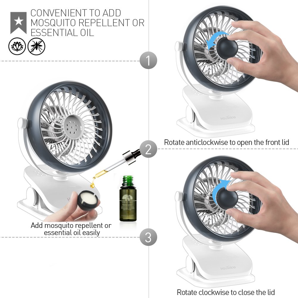 Houselog Clip On Stroller Fan, USB Powered and Rechargeable Battery Operated Desk Fan, Mosquito-Repellent, Essential-oils-Diffused, Small Portable Table Fans for Home Office Travel
