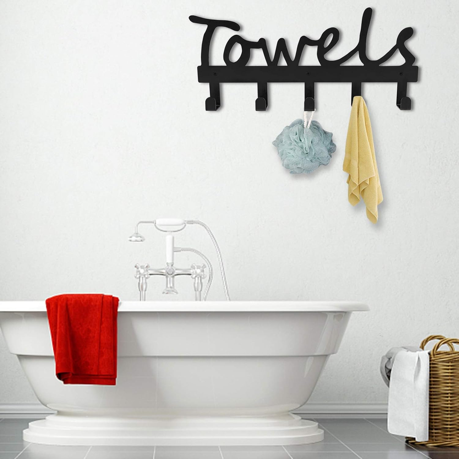 Towel Holder 5 Hooks for Bathroom, Towel Racks, Towel Hooks for Bathroom, Bedroom, Kitchen, Pool, Beach Towels, Bathrobe, Clothing, Metal Sandblasted Wall Mount Rustproof and Waterproof (Black02): Kitchen & Dining