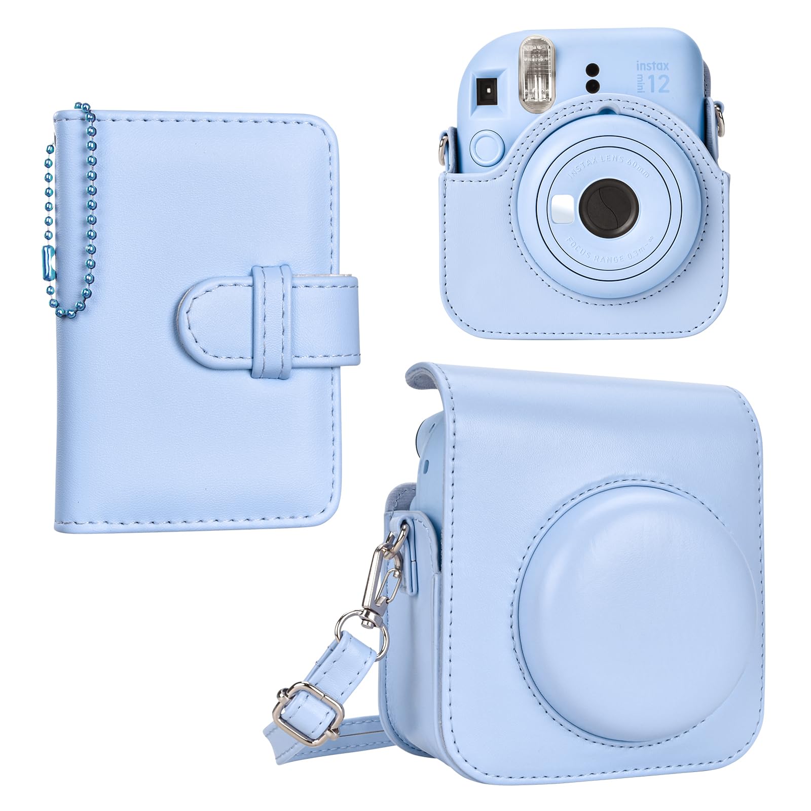 HIYQIN Fuji Instax Mini 12 Case and Album, Elegant PU Leather Protective Case for Instax Mini 12 Camera, Carrying Bag with Photo Pocket, Key-Chain Photo Album and Shoulder Strap - Pastel Blue
