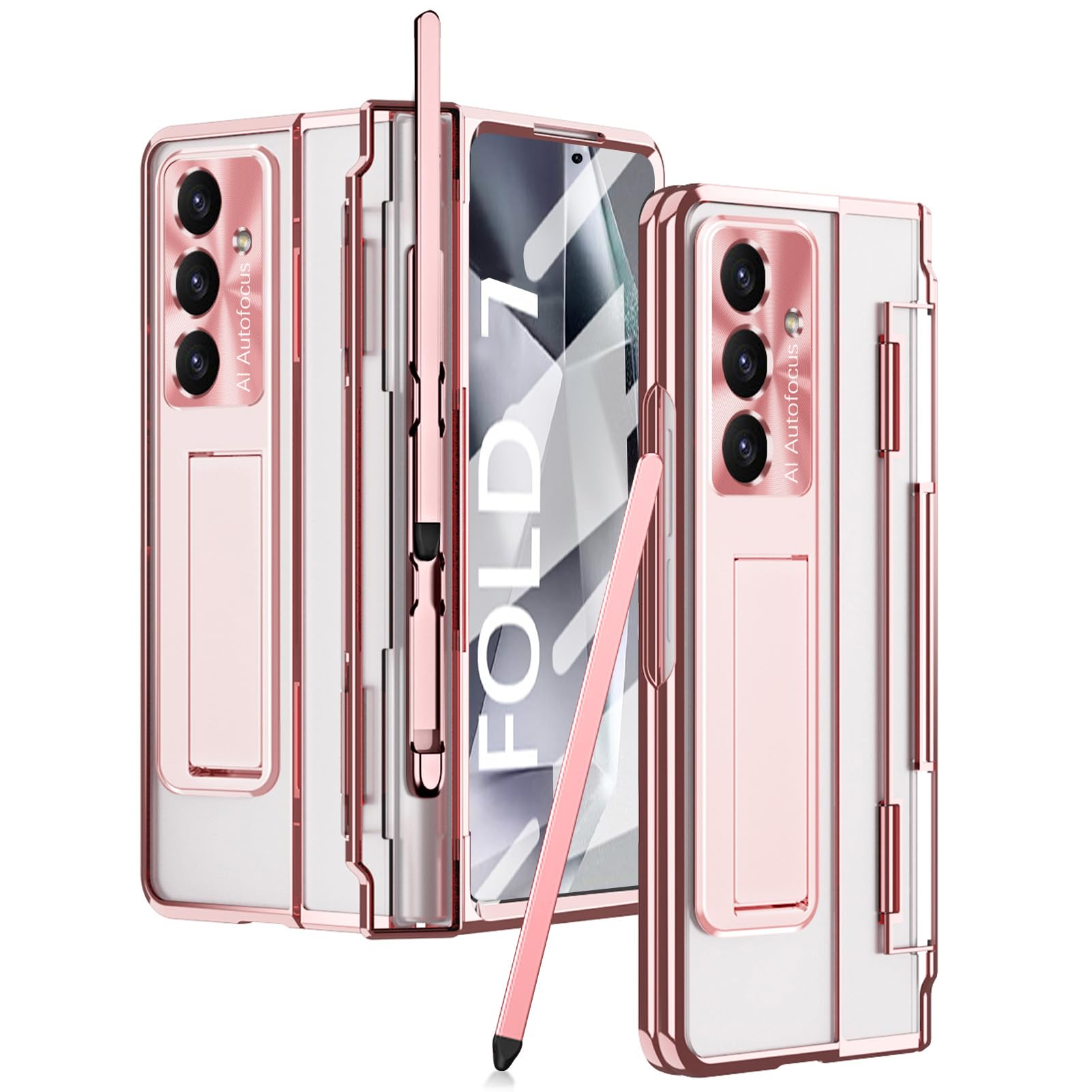 Photo 1 of PUROOM for Samsung Galaxy Z Fold 7 Clear Case with Pen & S Pen Holder Built-in Screen Protector Kickstand All-Inclusive Hinge Protection Transparent Cover (Rose Gold)