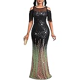 dasmzper Women Cold Shoulder Sequin Evening Gown, Tassel Sleeve Gradient Formal Maxi Dress for Prom, Wedding