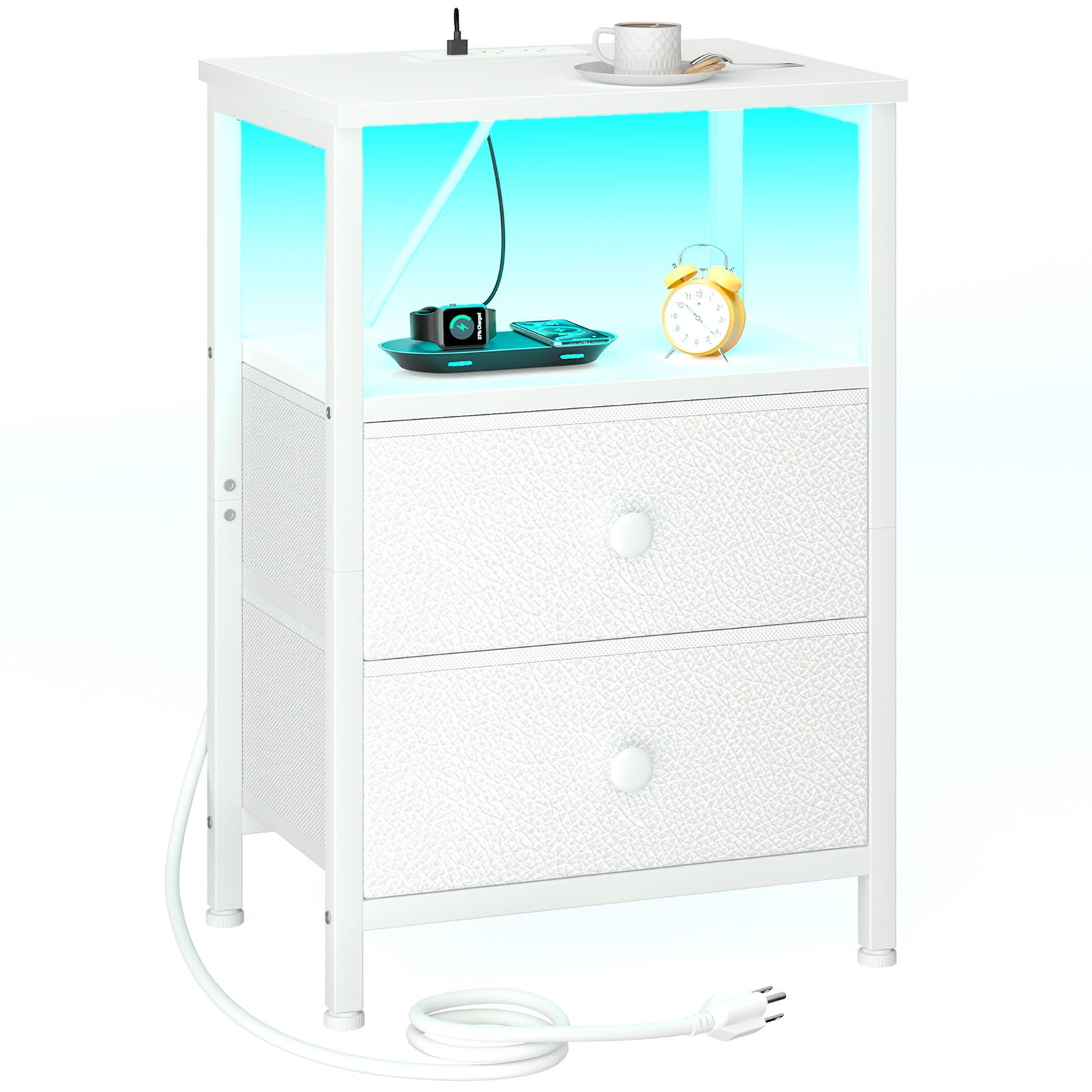Photo 1 of **SELLING FOR PARTS**LOAKEKEL Nightstand with Charging Station, End Table with 2 Fabric Drawers, LED Night Stand for Bedroom, Small Bed Side Table with USB Ports and Outlets for Living Room, White, HETS02WT-1