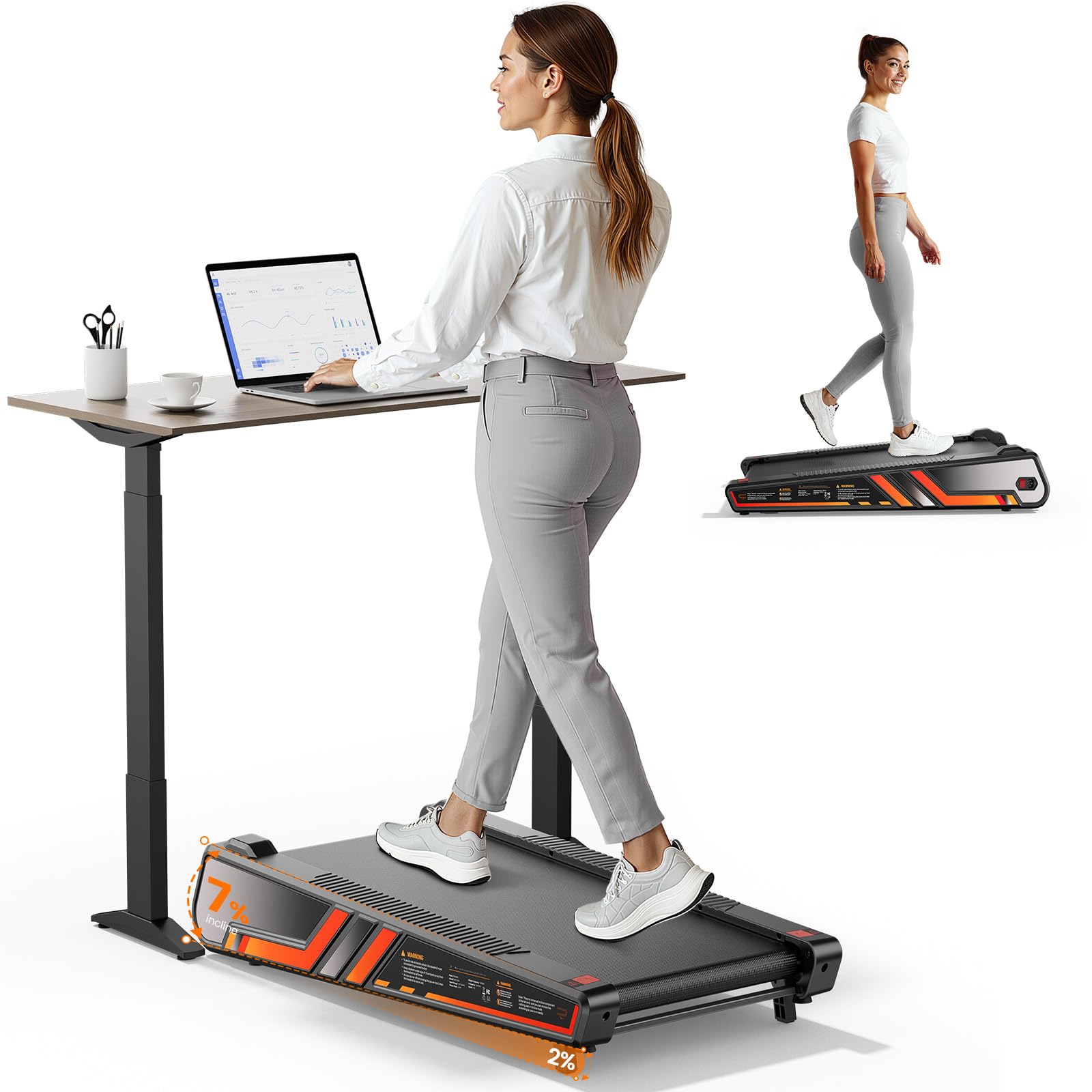 Photo 1 of Repower Small Walking Pad for Home and Office, Portable Under Desk Treadmill with Fixed 7% Incline and Adjustable 2% Incline, 300LBS Capacity—Orange