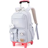 NIWEIYA Girls Rolling Backpack with Wheels, Girls Wheeled Backpack for School, Kids Roller School Bag Bookbag on 2 Wheels, Light blue