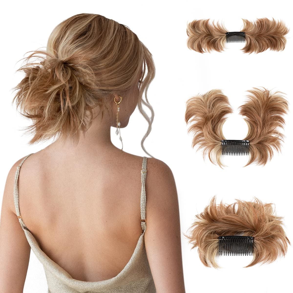 SARLA Messy Bun Hair Piece Side Comb Clip in Synthetic Hair Bun Hairpiece for Women Short Curved Versatile Adjustable Styles Easy Hair pieces (Medium Auburn/Ash Blonde)