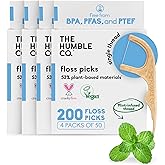 The Humble Co Dental Floss Picks for Teeth, 200 Count (Mint) - Single Thread Tooth Picks Flossers for Adults Gum Health - Plant-Based Toothpick Floss for Interdental Oral Care & Hygiene