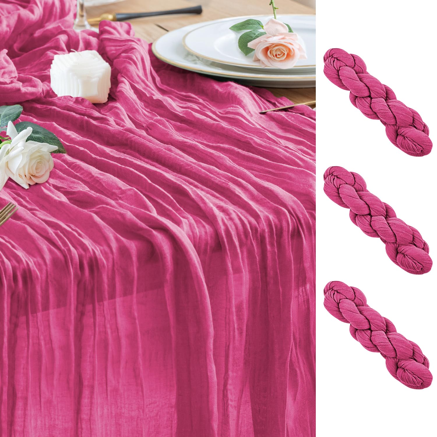 Photo 1 of Wokceer Cheesecloth Table Runner 3Pack 10FT Deep Pink Boho Gauze Fall Thanksgiving Cheese Cloth Table Runner for Party Long Rustic Sheer Table Runners for Baby Bridal Shower Wedding Easter Table Decor