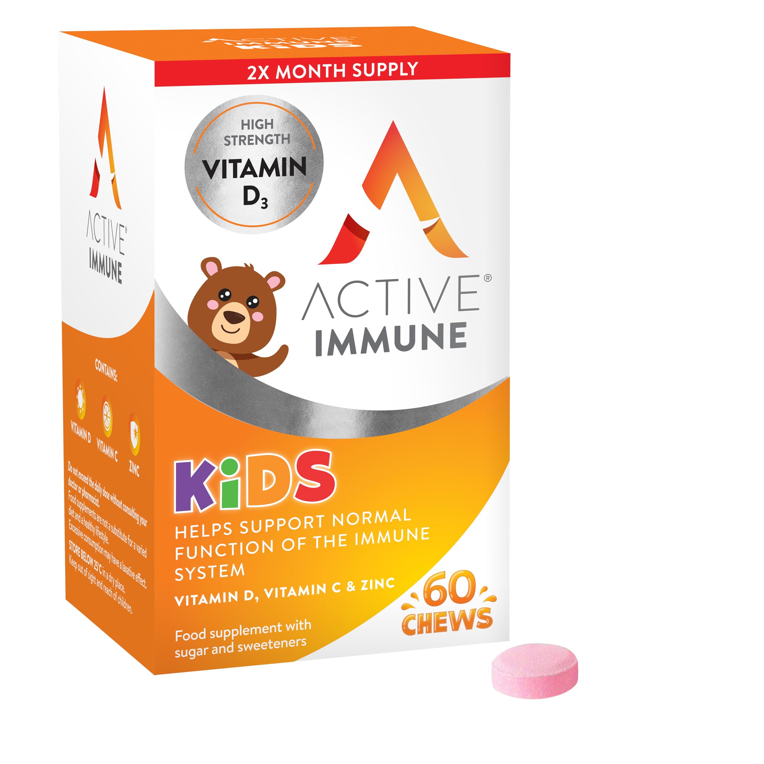 Active Immune Kids Supplement, Vitamin D, C & Zinc, Daily Multivitamin for Kids Immune System, Chewable & Easy to Swallow, 60 Orange Flavoured Chews, 2 Month Supply