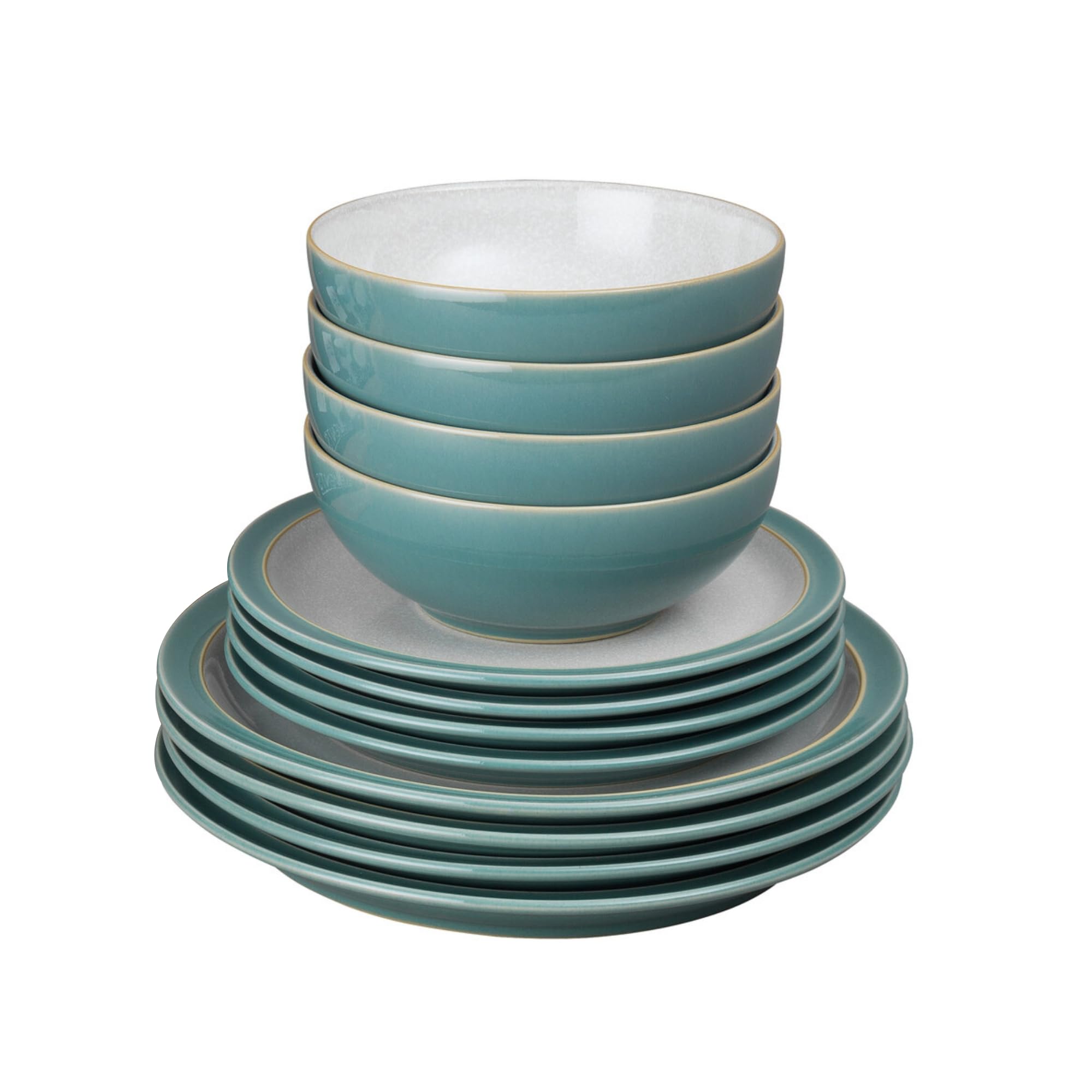 Denby - Elements Fern Green Dinner Set For 4 - 12 Piece Ceramic Tableware Set - Dishwasher Microwave Safe Crockery Set - 4 x Dinner Plates, 4 x Medium Plates, 4 x Cereal Bowls
