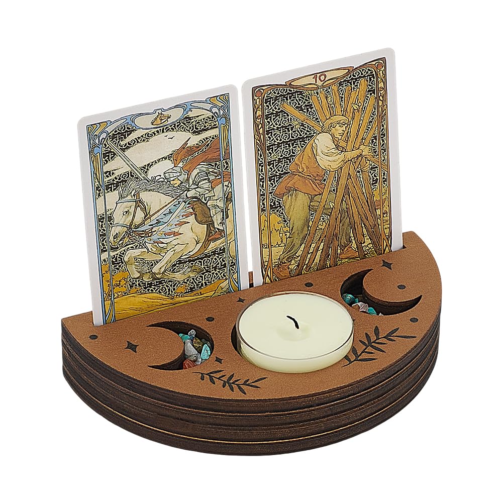 FINGERINSPIRE Tarot Card Holder Wooden Half Round Camel Color Tarot Card Stand Moon Phase Design Witchcraft Tarot Card Display Rack For Displaying Your Daily Affirmation Cards, Wiccan Decoration