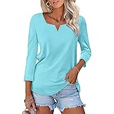 TICTICMISS Women's 3/4 Length Sleeve Tops Square V Notched Neck Shirts Casual Summer Blouses