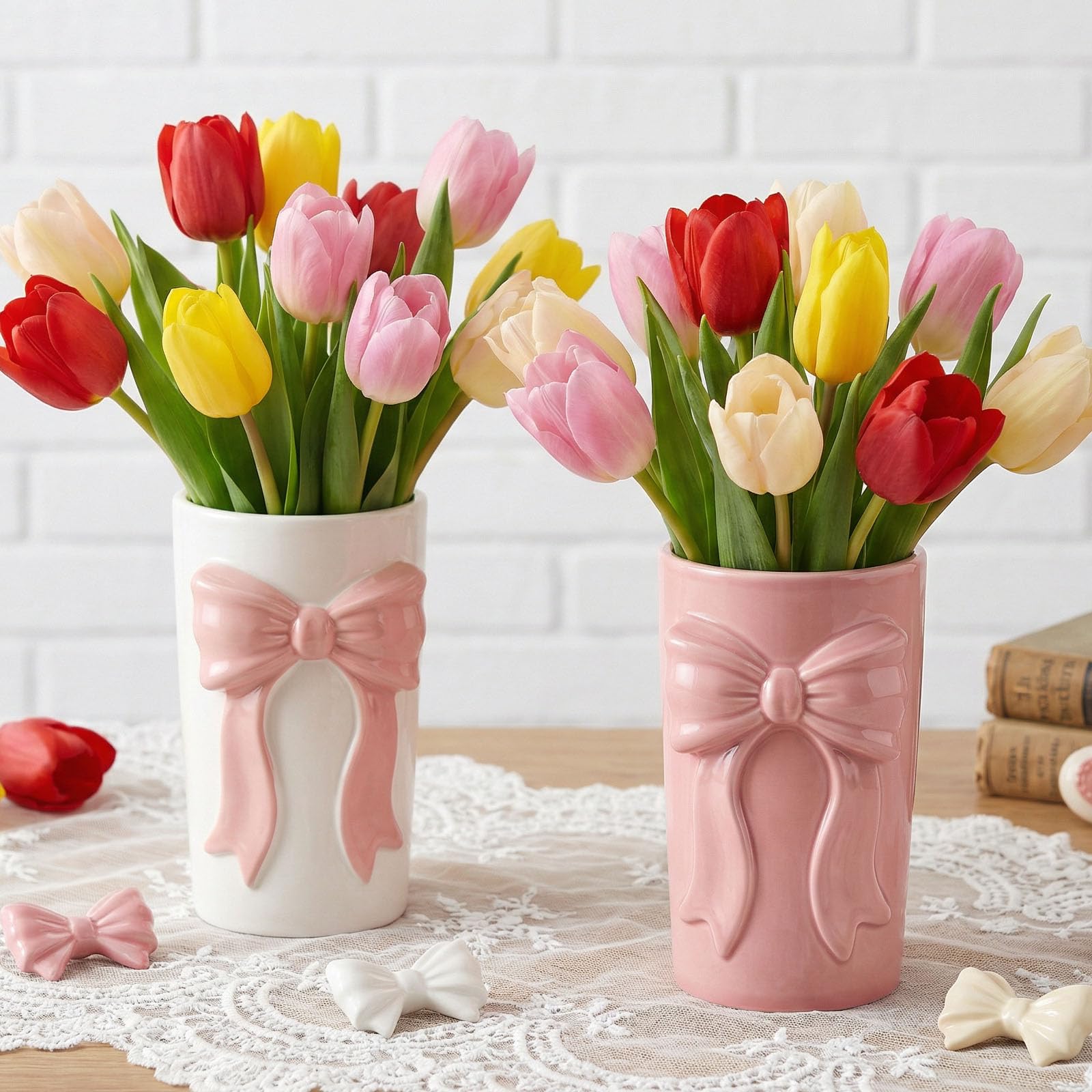 Photo 1 of 2 Pcs Pink Bow Vase Ceramic Vase Pink and White Vase Makeup Brush Pen Holder Valentine's Day Gifts Women Gift for Wedding Home Office Shelf Table Room (Pink White Bow)