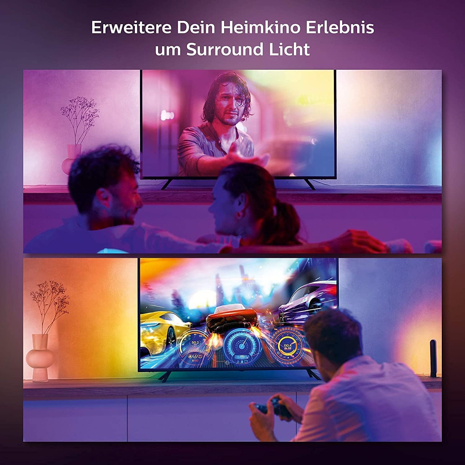 Philips Hue White & Color Ambiance Gradient Lightstrip (75 Zoll), dimmbarer LED Streifen für den Fernseher mit 16 Mio. Farben und Farbverläufen, smarte Heimkino TV Hintergrundbeleuchtung, schwarz 5
