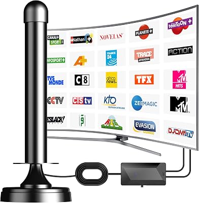 Antenne TV Intérieure Puissante avec Amplificateur de Signal à Gain Élevé - Réception 360° Longue Portée, Base Magnétique pour Fixation Facile, Compatible Téléviseurs HD/4K