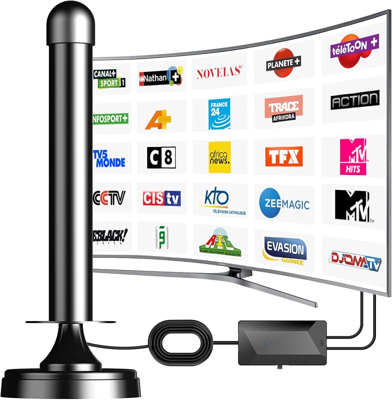Antenne TV Intérieure Puissante avec Amplificateur de Signal à Gain Élevé - Réception 360° Longue Portée, Base Magnétique pour Fixation Facile, Compatible Téléviseurs HD/4K