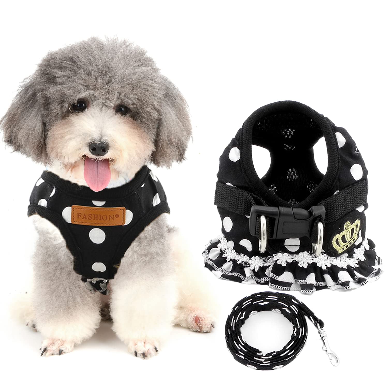Ranphy Polka Dot Small Dog Cat Harness Girl No Pull Pet Vest Step-in Mesh Jacket with Leash Set Adjustable for Walking Training Hiking Black Size M