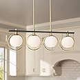 Possini Euro Design Carlyn Antique Brass Gold Black Metal Linear Island Pendant 33" Wide Mid Century Modern White Glass Globe Shades LED 4-Light Fixture for Kitchen Dining Room House High Ceilings