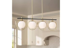 Possini Euro Design Carlyn Antique Brass Gold Black Metal Linear Island Pendant 33" Wide Mid Century Modern White Glass Globe Shades LED 4-Light Fixture for Kitchen Dining Room House High Ceilings