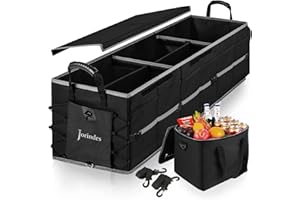 JORINDES Collapsible Trunk Organizer for Car with Insulated Leak proof Cooler Bag, 3 Compartments SUV Cargo Organizer Removable Dividers, 5 in1 Car Storage Organizer with Foldable Lid,2 Tie-Down Straps(Black)