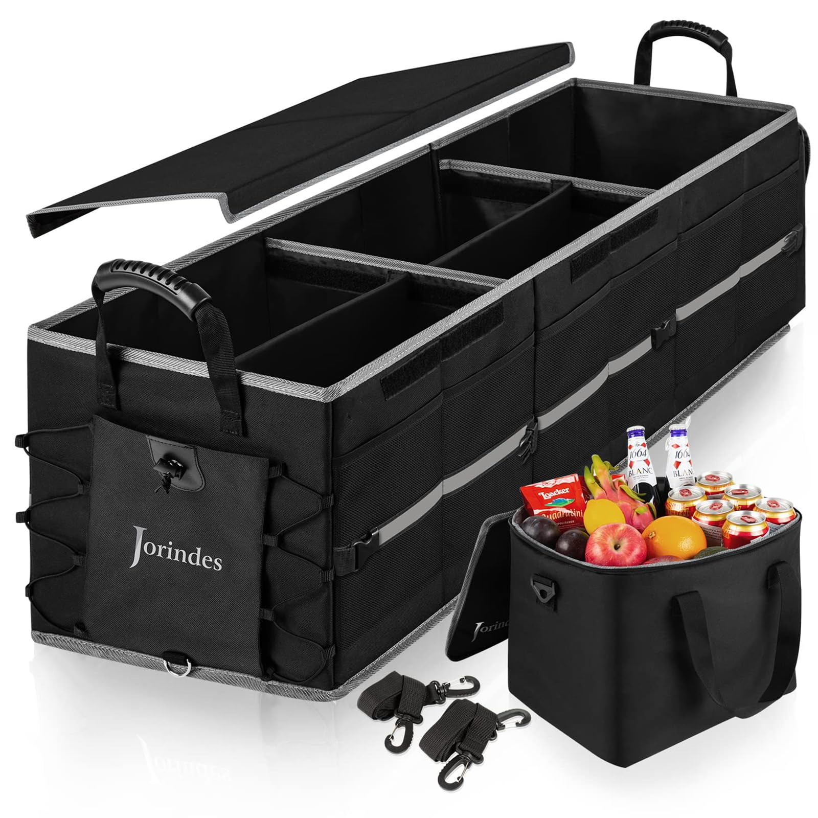 Photo 1 of Collapsible Trunk Organizer for Car with Insulated Leak proof Cooler Bag, 3 Compartments SUV Cargo Organizer Removable Dividers, 5 in1 Car Storage Organizer with Foldable Lid,2 Tie-Down Straps(Black)