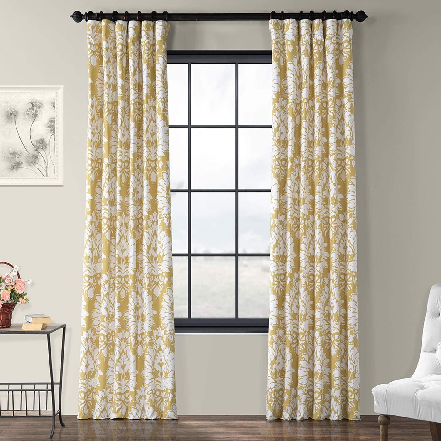 HPD Half Price Drapes Luxury Damask Printed Curtains 96 Inches Long Luxury Damask Cotton Curtains (1 Panel) Room Darkening Window Curtains for Bedroom & Living Room, 50W x 96L, Lacuna Sun Damask Image