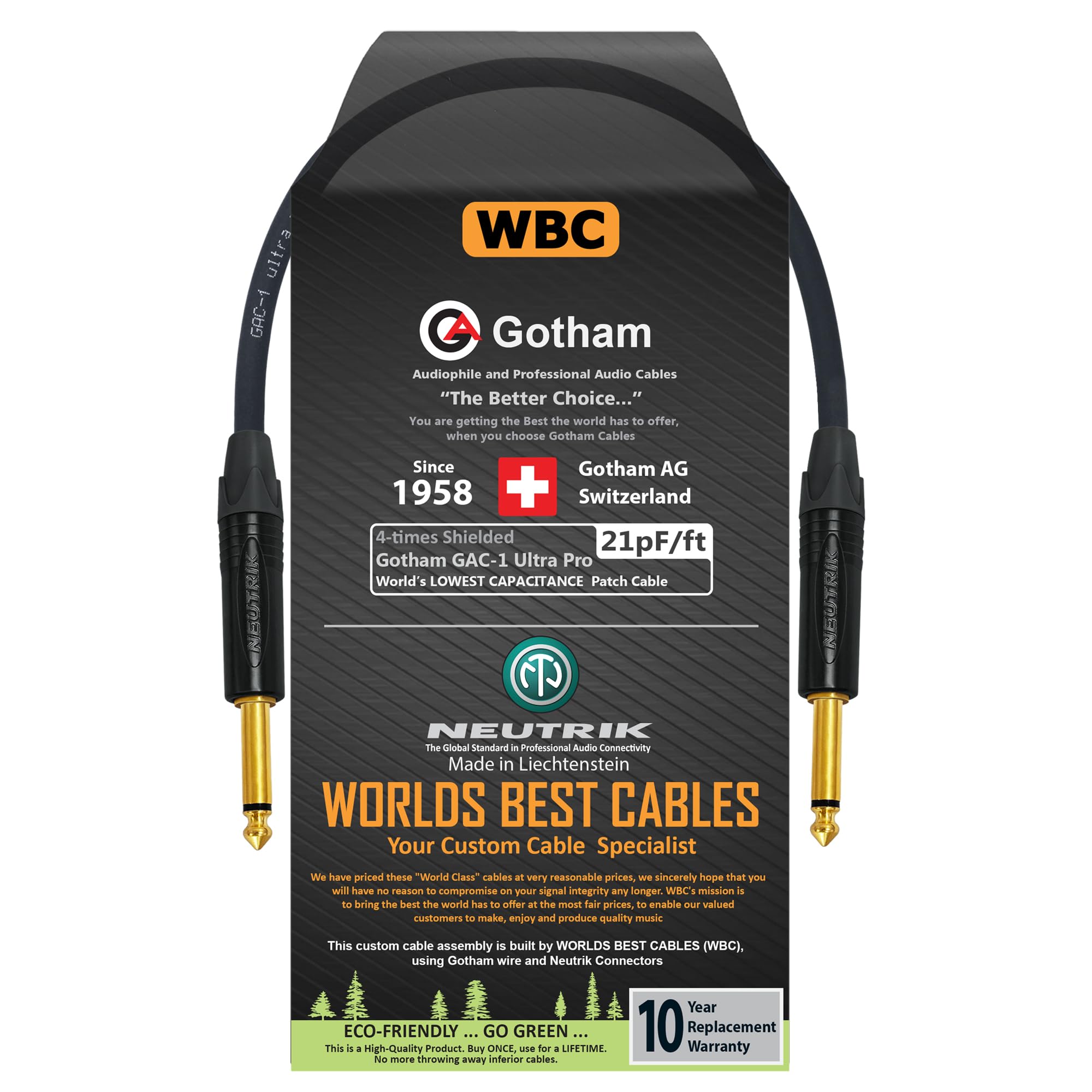 WORLDS BEST CABLES 30 CM - Gotham GAC-1 Ultra Pro - Premium, Low-Capacitance (21 pf/Ft) Guitar Bass Instrument Cable - with Straight to Straight 6.35mm Neutrik Gold Plated TS Connectors
