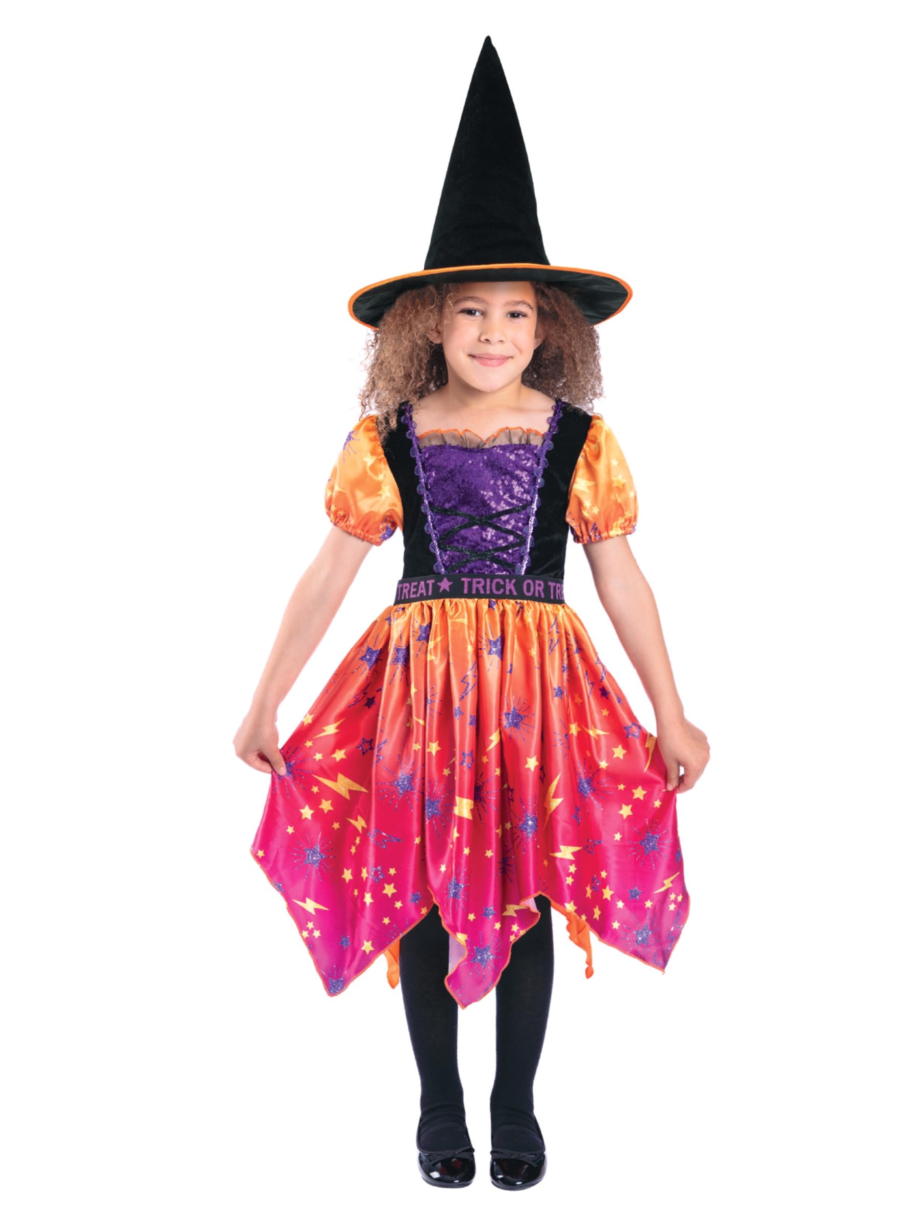 Smiffys Moon & Stars Witch Costume Dress & Hat, Orange, Halloween Child Fancy Dress, Witch Dress Up Costumes