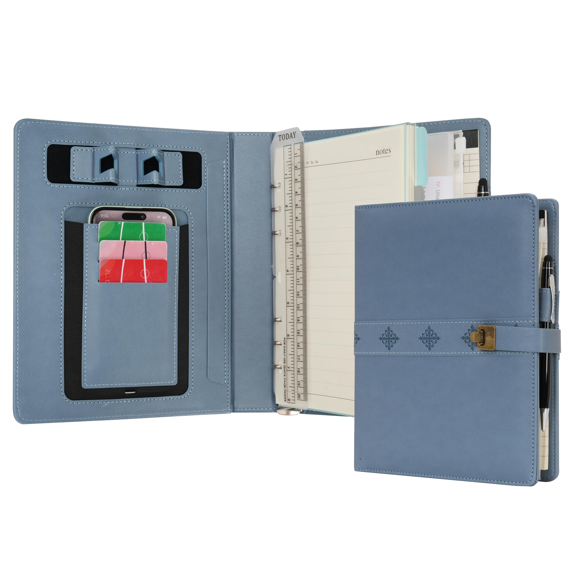 WASON A5 Diary PU Leather Composition Notebook Ruled Binder Journal with Pen, Refillable Paper, Removable Clipboard Portfolio, Notepad for Business Travel School Planner Organizer (Mist blue)