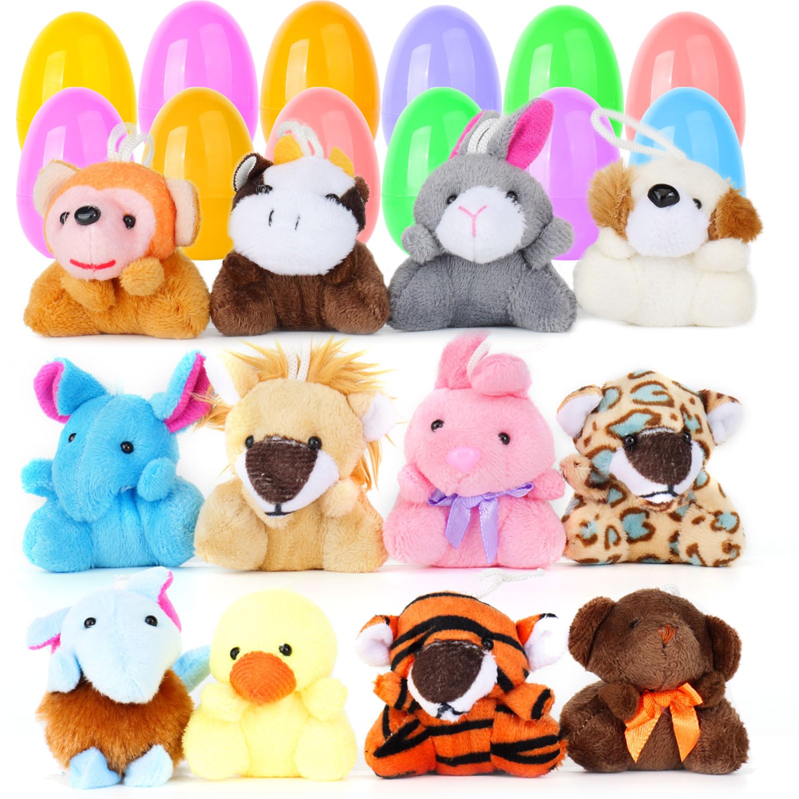 Easter Eggs with Mini Plush Animal Toys 12pack Prefilled Easter Eggs Plastic Easter Basket Stuffers Fillers for Kids Toddlers Plastic Easter Eggs Stuffed Animals Gifts Eggs for Easter Egg Hunt Prizes