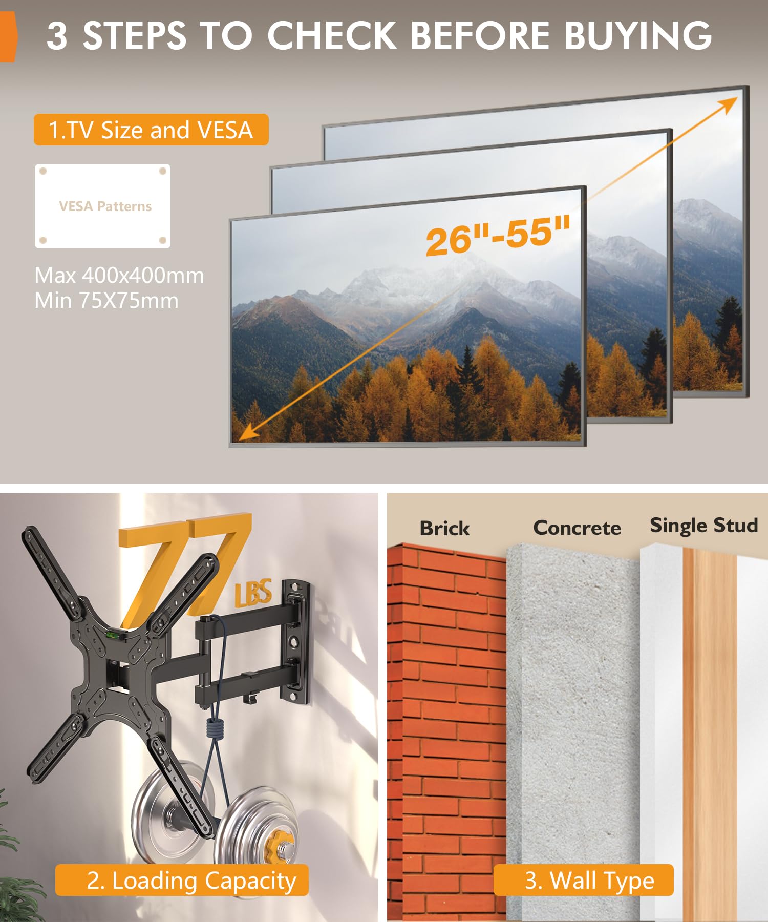 Full Motion TV Wall Mount for Most 26-55 Inch TVs, Corner Wall Mount TV Bracket with Tilt Swivel and Articulating, Single Stud Center Design Fits Flat/Curved TVs, Max VESA 400x400mm Up to 77 lbs