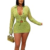 Cigrimi Skirt Sets Women 2 Piece Outfits Sexy Hollow Tassel Crochet Cover Up Button Long Sleeve Crop Top Mini Skirt Dresses