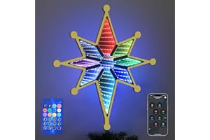 MEETYAMOR Smart Christmas Tree Topper, 13" 130 LEDs RGB Color Change Lighted 8-Point Star Tree Topper, App, Remote & Touch, USB Powered 3D Infinity Mirror Music Sync Treetop Decor for Xmas Party Gift