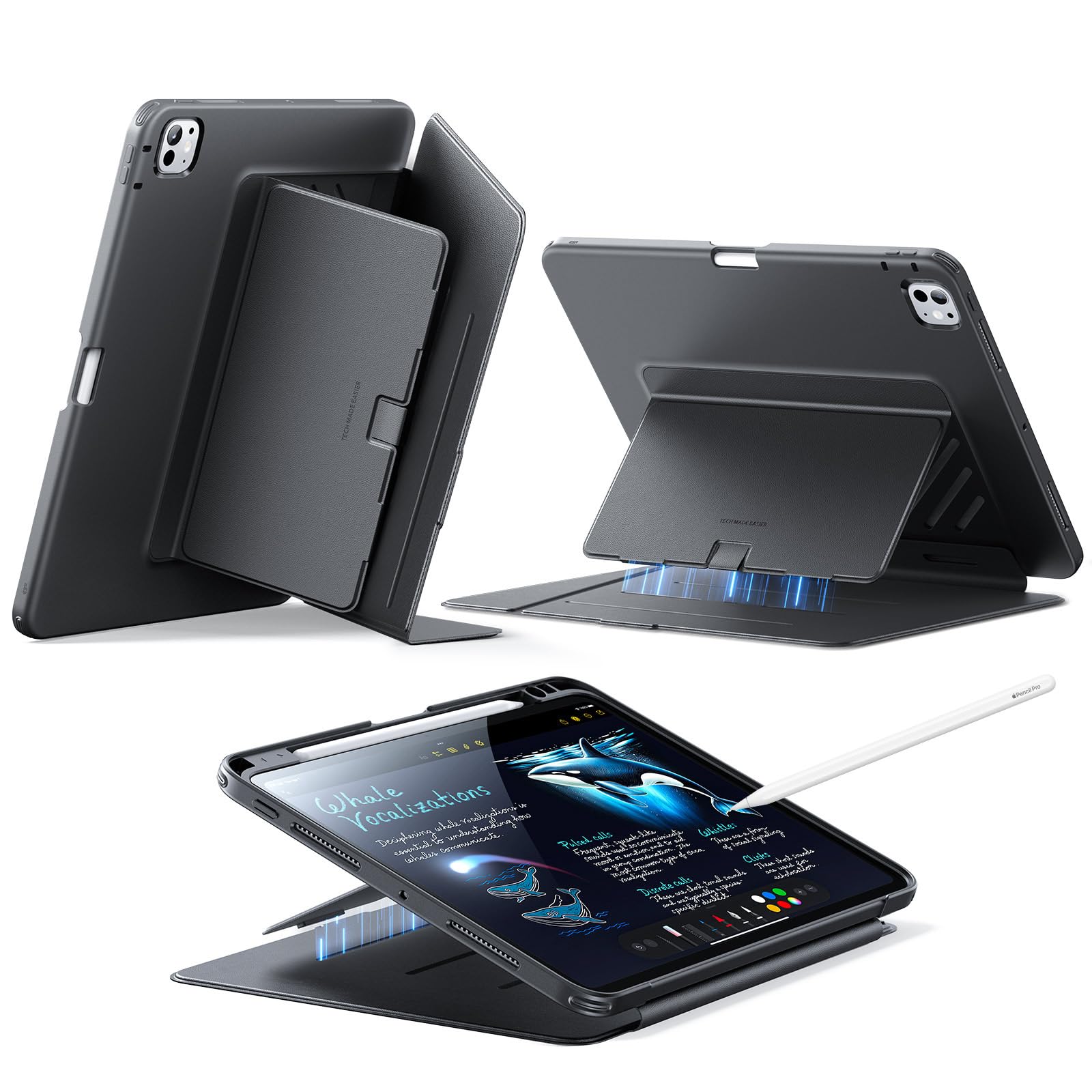 Photo 1 of ESR for iPad Pro 11 Inch Case (M4) 2024, Vertical Stand Cover, Multi Stand Angles, Ultra-Stable Case with Pencil Holder, Flip Series, Black