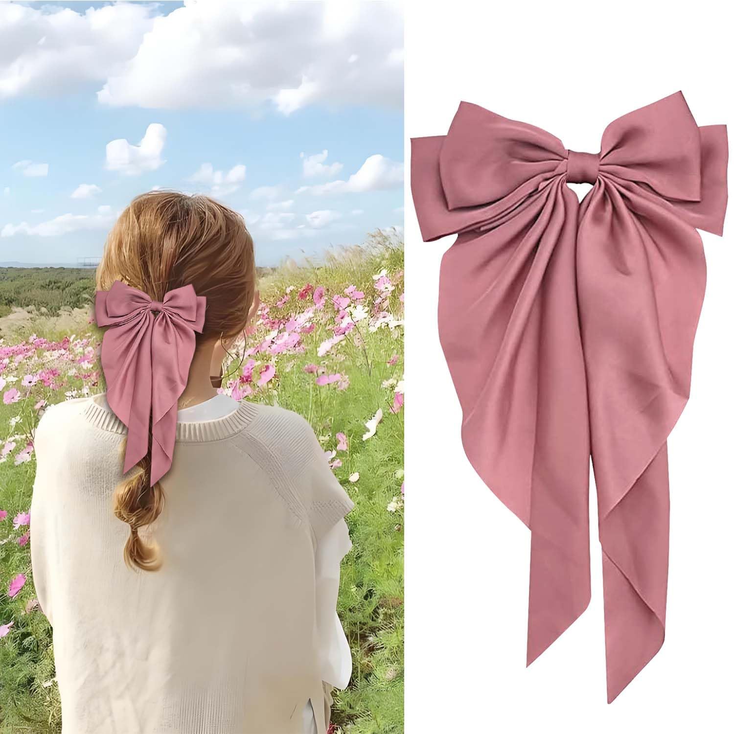 LECTNORE Pink Hair Bow - Large Bowknot Hair Clip for Women, Satin Silky Ribbons with Long Tail, French Barrette Hair Accessory for Girls Ponytail Holder