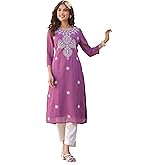 Janasya Indian Women's Georgette Lavender Floral Print Casual Wear Kurta for Women