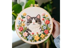Zhenqing Kitten Embroidery Kit for Beginners, Pre-Printed 29x29cm Cotton Fabric with 20cm Hoop, Cute Cat in Flowers Design fo