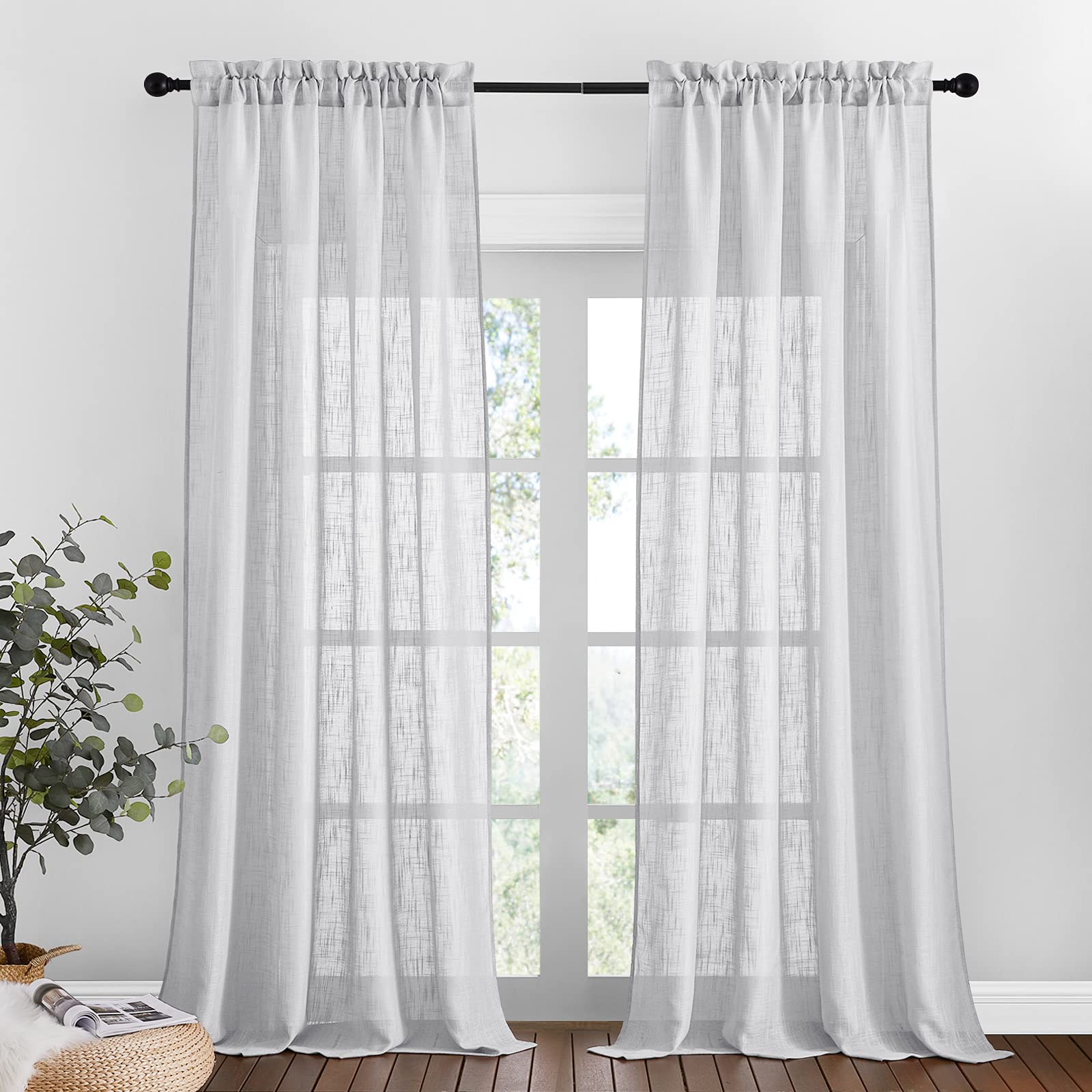 PONY DANCE Voile Curtain for Living Room - 95 inch Long Sheer Panels Window Net Curtain Privacy Net Curtains for Windows with Slot Top Design, 2 PCs, 52 inch Wide by 95 inch Long, Light Grey