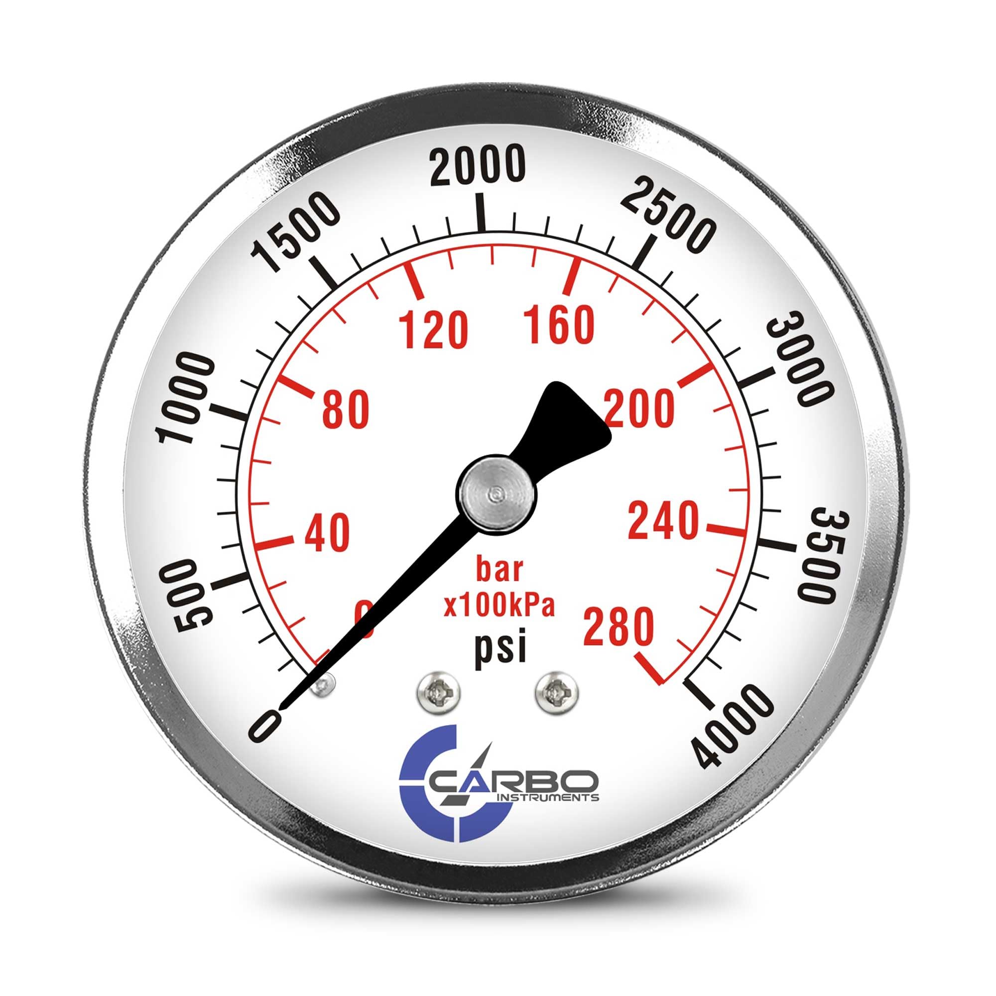CARBO Instruments 2-1/2" Pressure Gauge, Chrome Plated Steel Case, Dry, 0-4000 psi/kPa, Back Mount 1/4" NPT